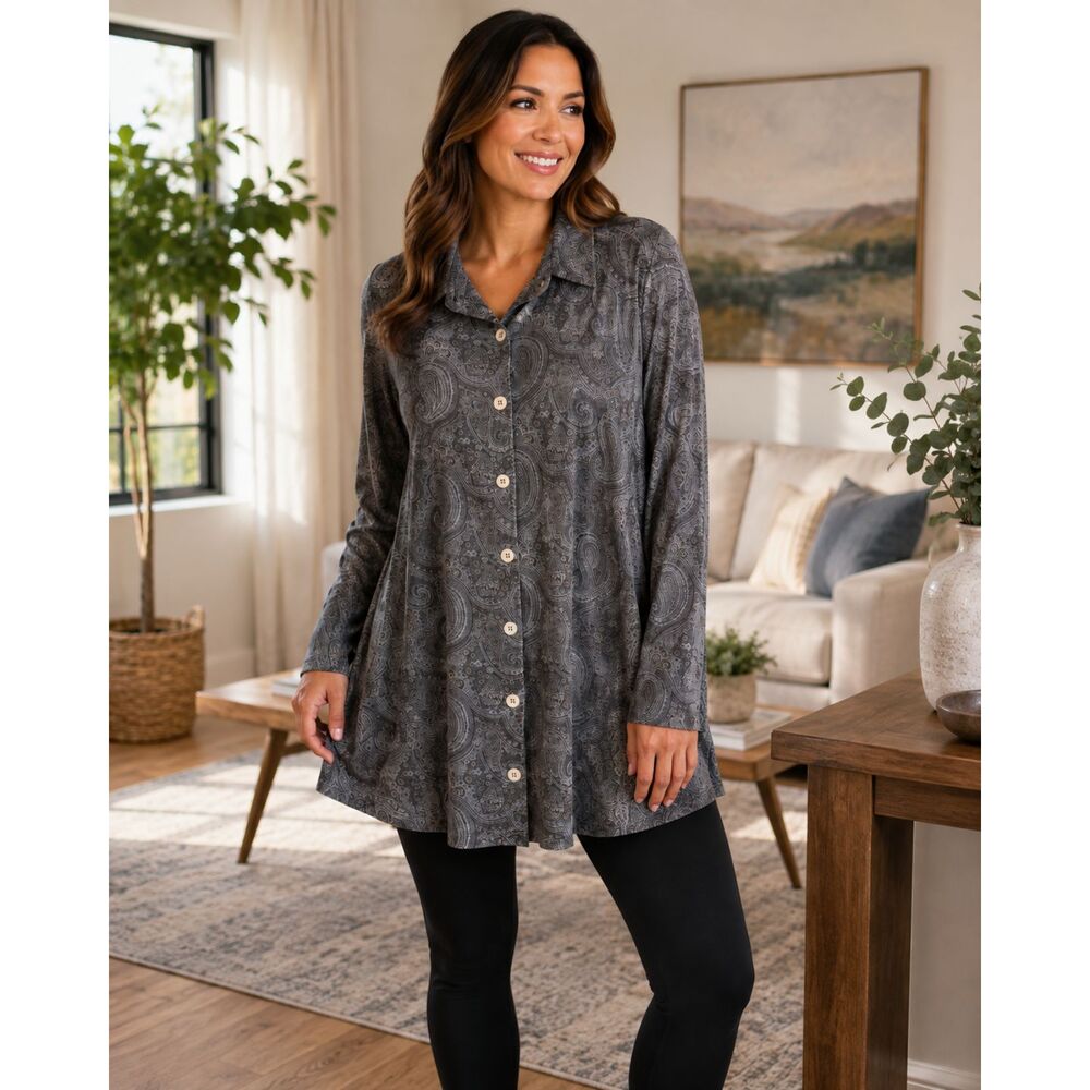 Elizabeth by Liz Claiborne Womens Size 2 Paisley Velour Button Front Tunic Top